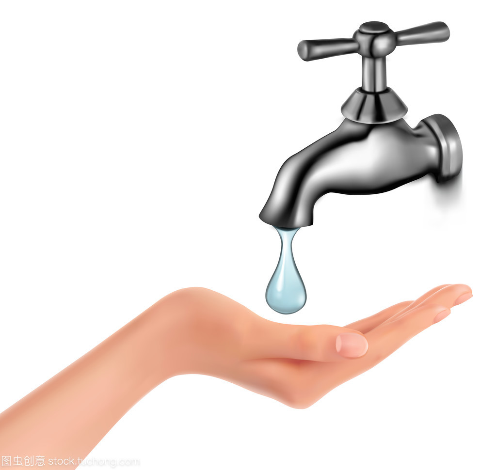 水龙头滴水与手。矢量图